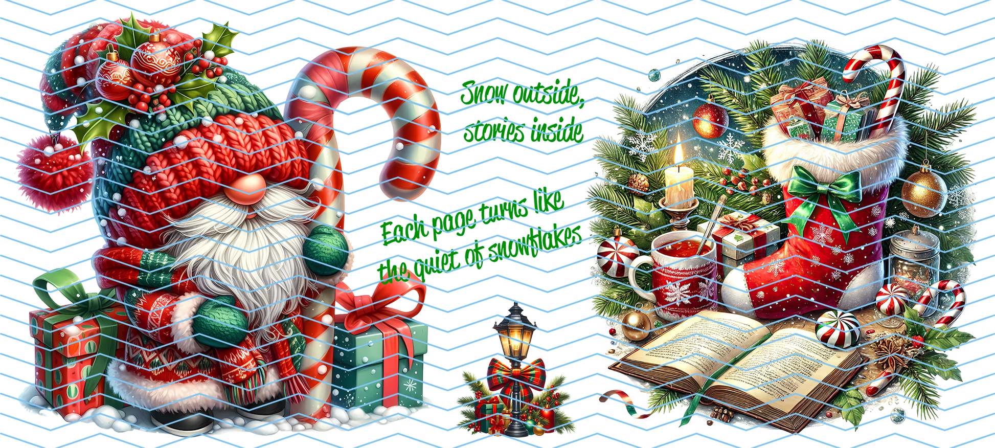 Christmas-themed illustration with a gnome, candy cane, and stockings on a white background.