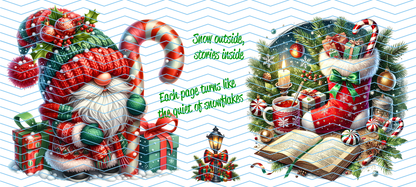 Christmas-themed illustration with a gnome, candy cane, and stockings on a white background.