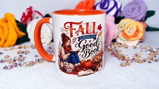 Fall into a Good Book autumn book lover mug with cosy reader design