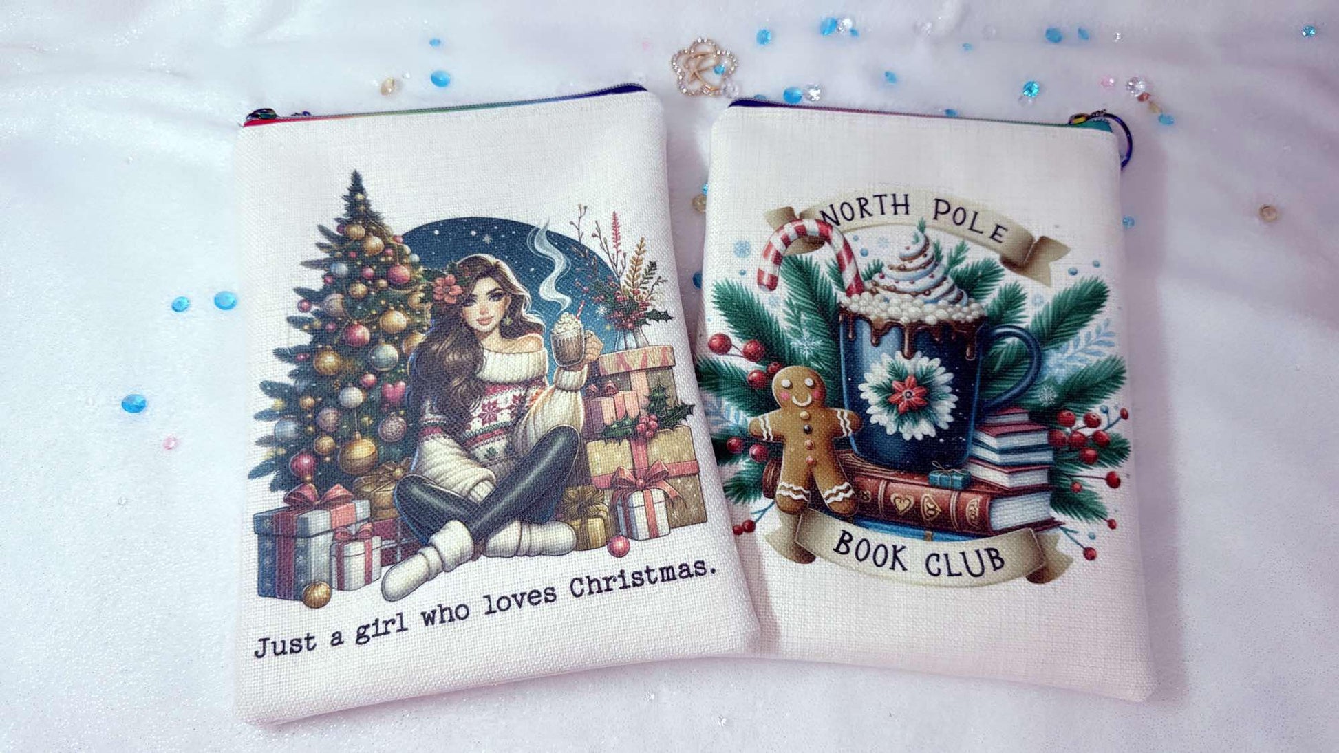 Personalised Handmade book sleeve designed by Roxana Roveno one side with a beautiful girl ready for Christmas books and coffee