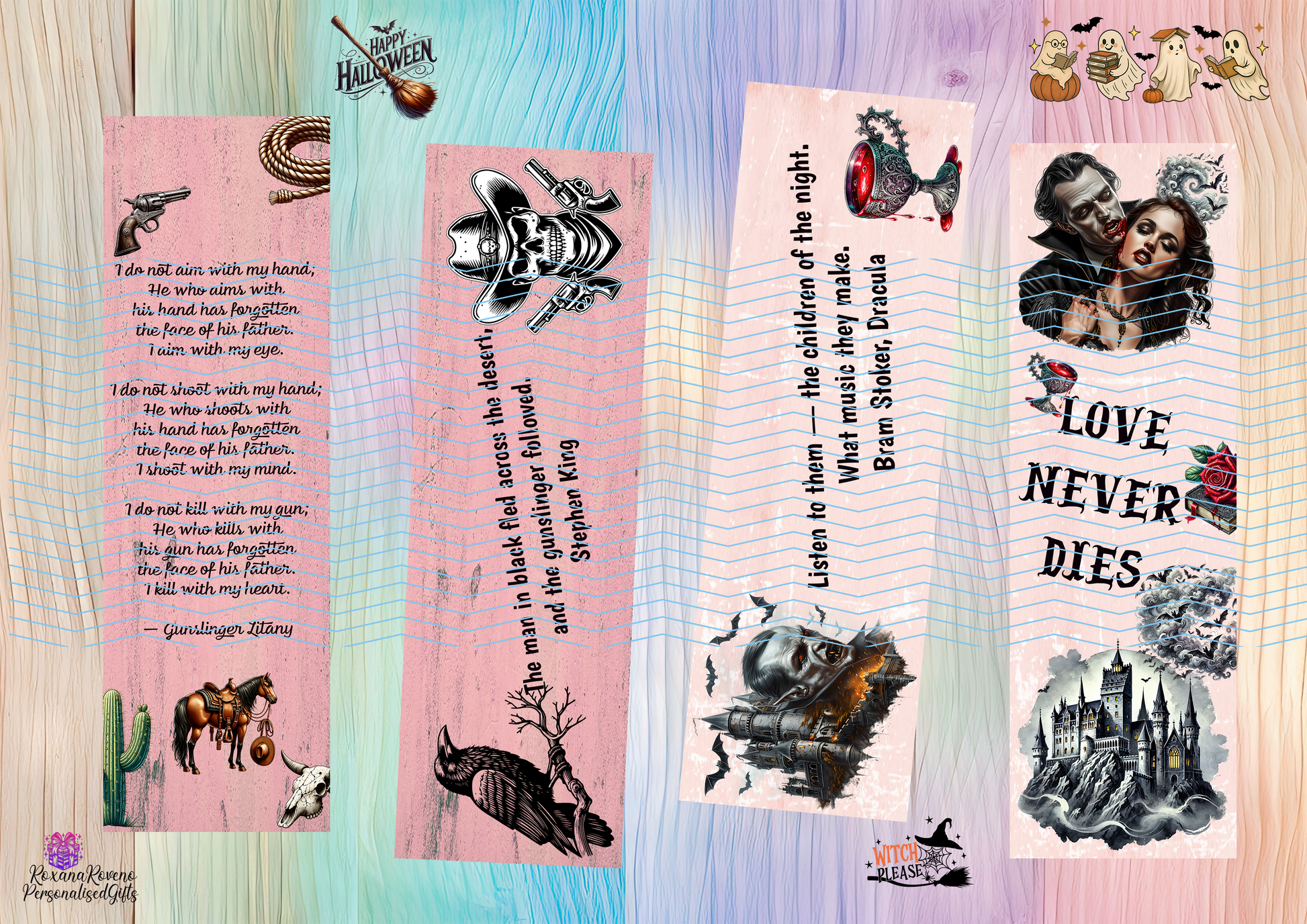 Set of Halloween-themed bookmarks with various designs and text on a colorful striped background. dracula and king Quotes, designed by Roxana Roveno
