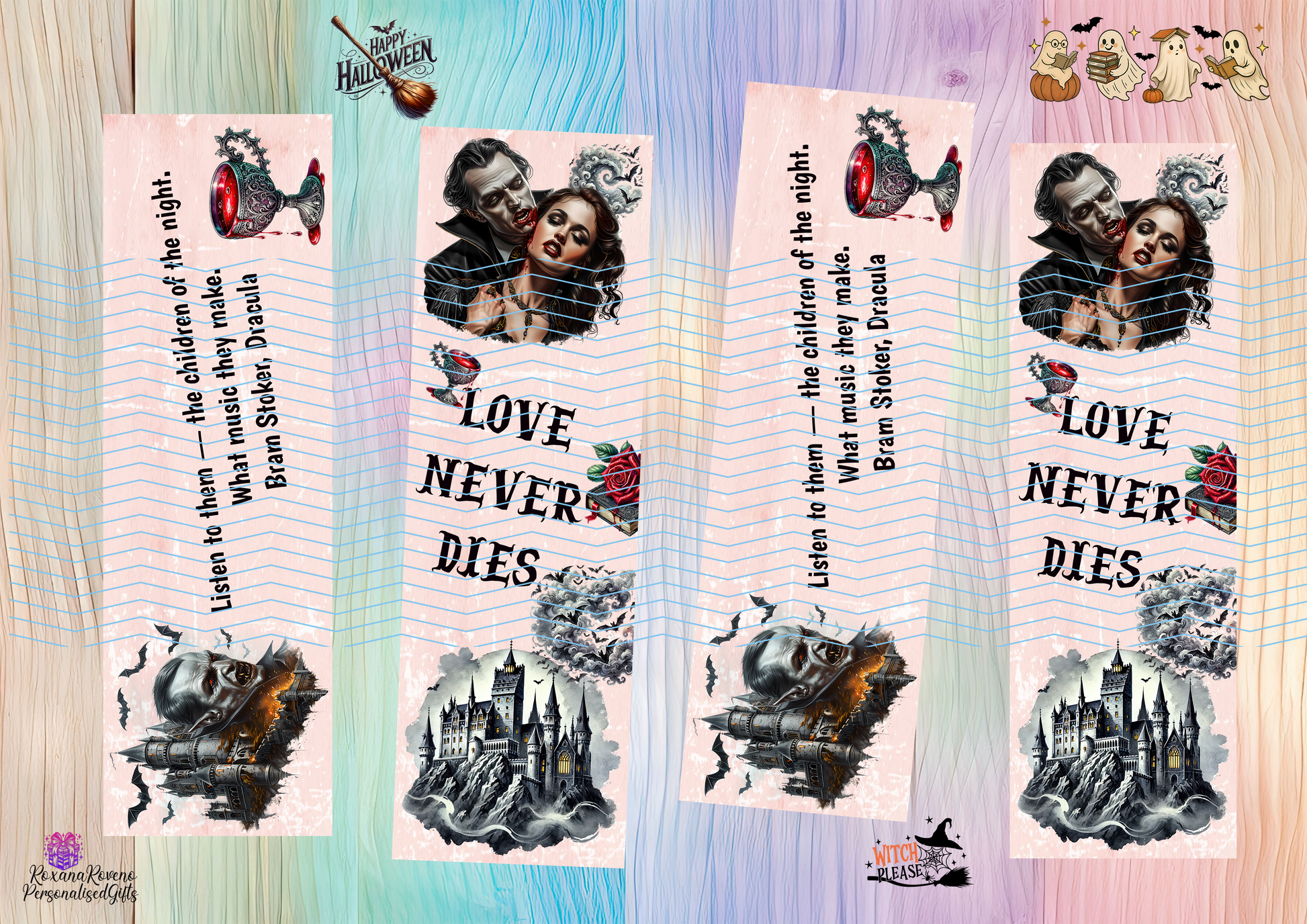 Set of Halloween-themed bookmarks with gothic designs and text. Dracula bookmarks, designed by Roxana Roveno