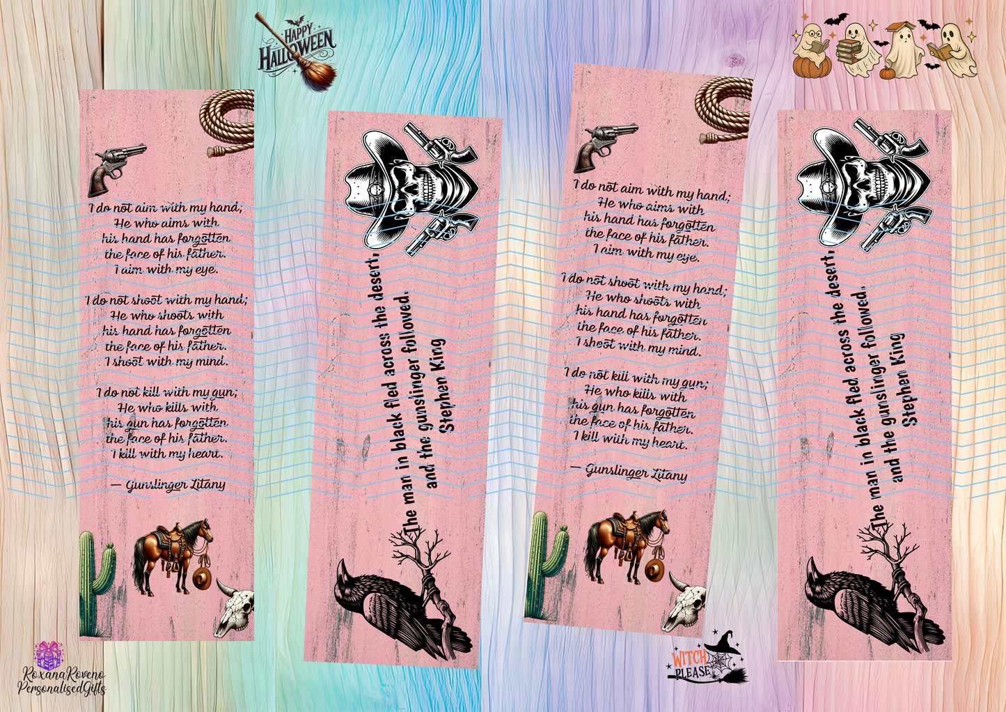Set of four bookmarks with desert-themed illustrations and text on a colorful striped background. designed by Roxana Roveno