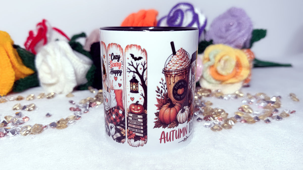 Autumn book lover mug with pumpkin spice coffee and seasonal wrap-around design, middle view