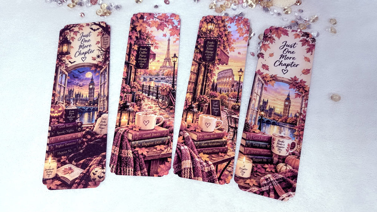 Set of four autumn book lover bookmarks featuring London Paris and Rome