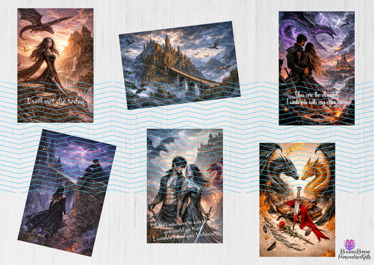 Fantasy dragon bookmarks with castles, swords and romantic scenes, inspired by dragon rider worlds, arranged on a light wooden surface, designed bookmarks by roxana roveno

