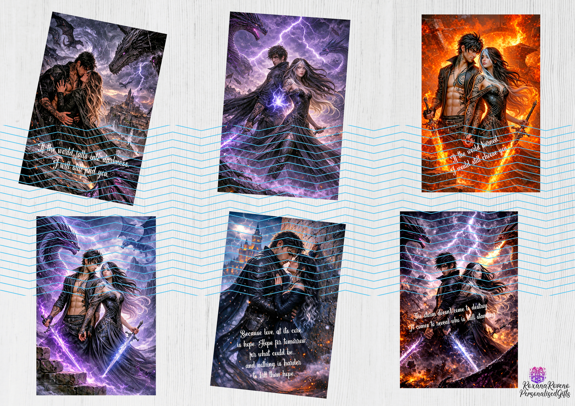 Set of fantasy dragon romance bookmarks featuring couples, lightning, fire and dragons, inspired by Empyrean aesthetic, displayed on a neutral background
