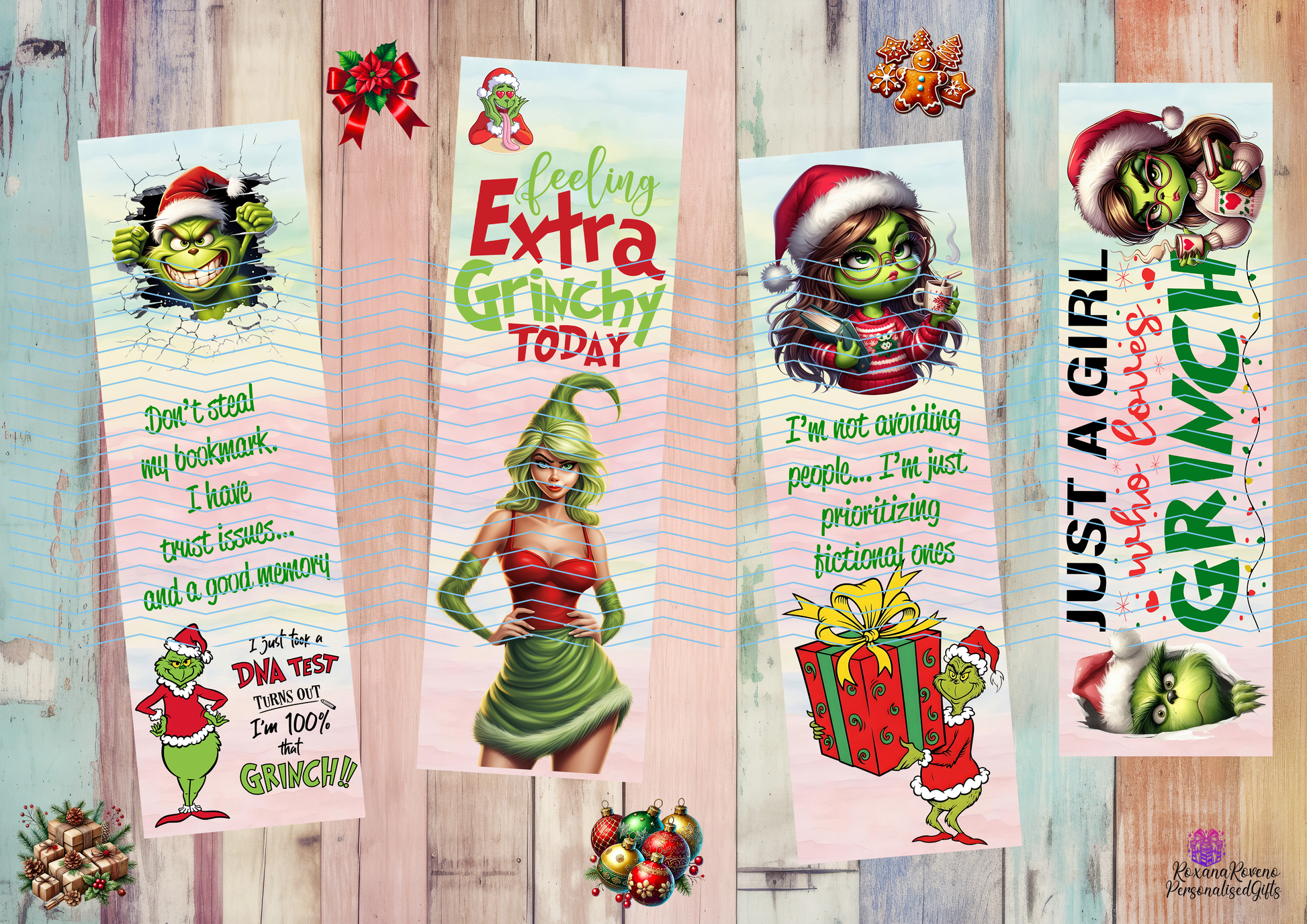 Set of four Grinch-themed bookmarks on a wooden background, personalised gifts by RoxanaRoveno
