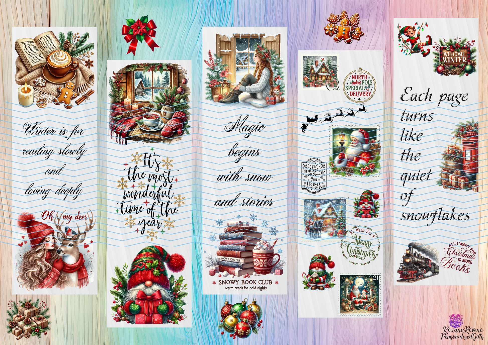 Collection of Christmas-themed bookmarks with various designs and text on a colorful background.