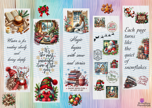 Collection of Christmas-themed bookmarks with various designs and text on a colorful background.