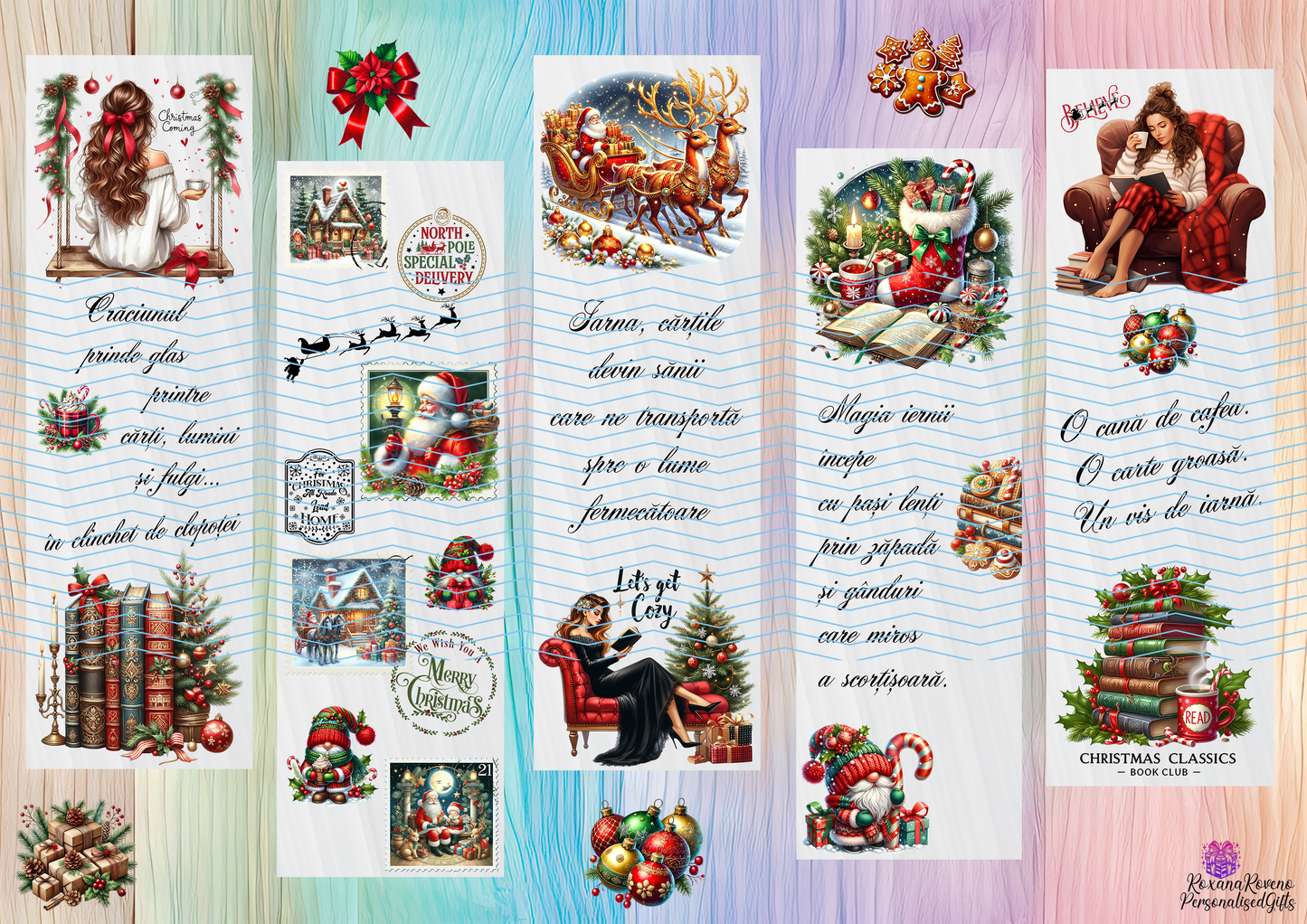 Collection of Christmas-themed bookmarks with various designs on a colorful background designed by RoxanaRoveno
