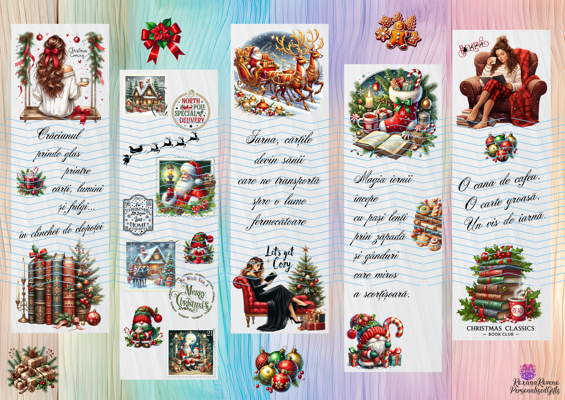 Collection of Christmas-themed bookmarks with various designs on a colorful background designed by RoxanaRoveno