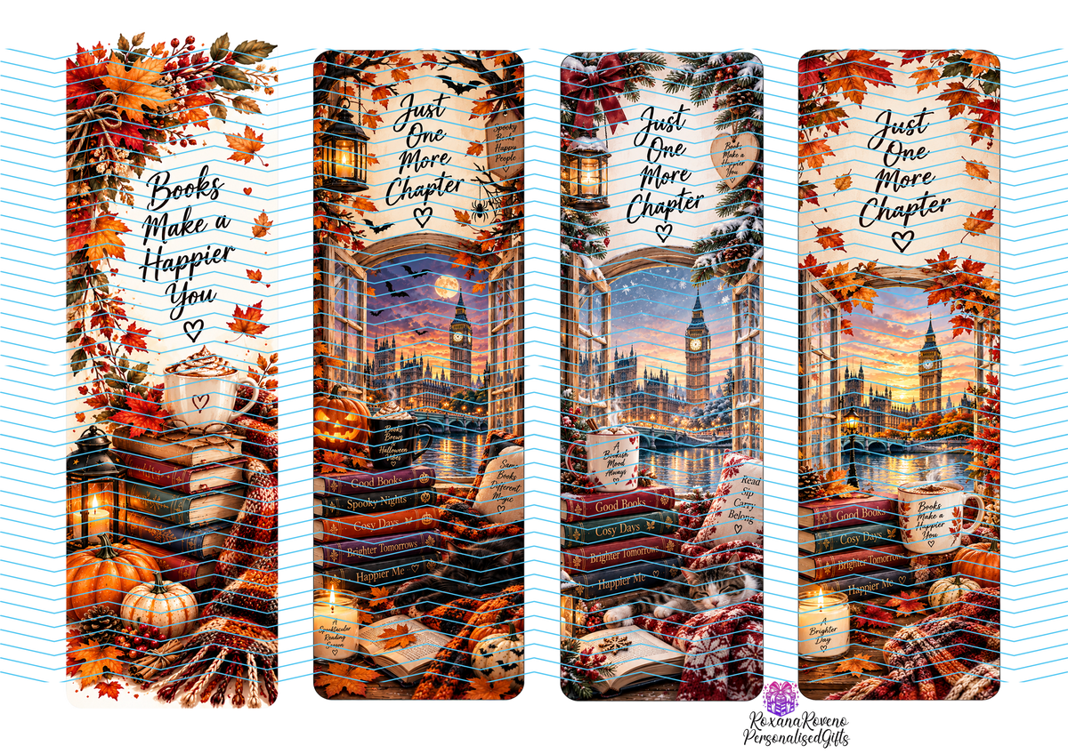 Autumn book lover bookmark set featuring London and cosy reading scenes