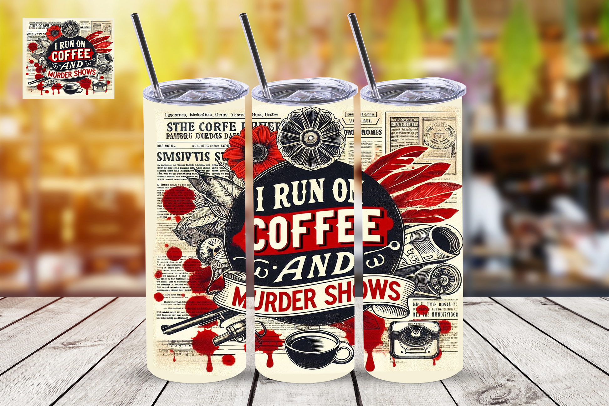 Personalised tumbler by RoxanaRoveno with special quote 'I run on Coffee and murder shows' perfect goft for a true crime lover Coffee