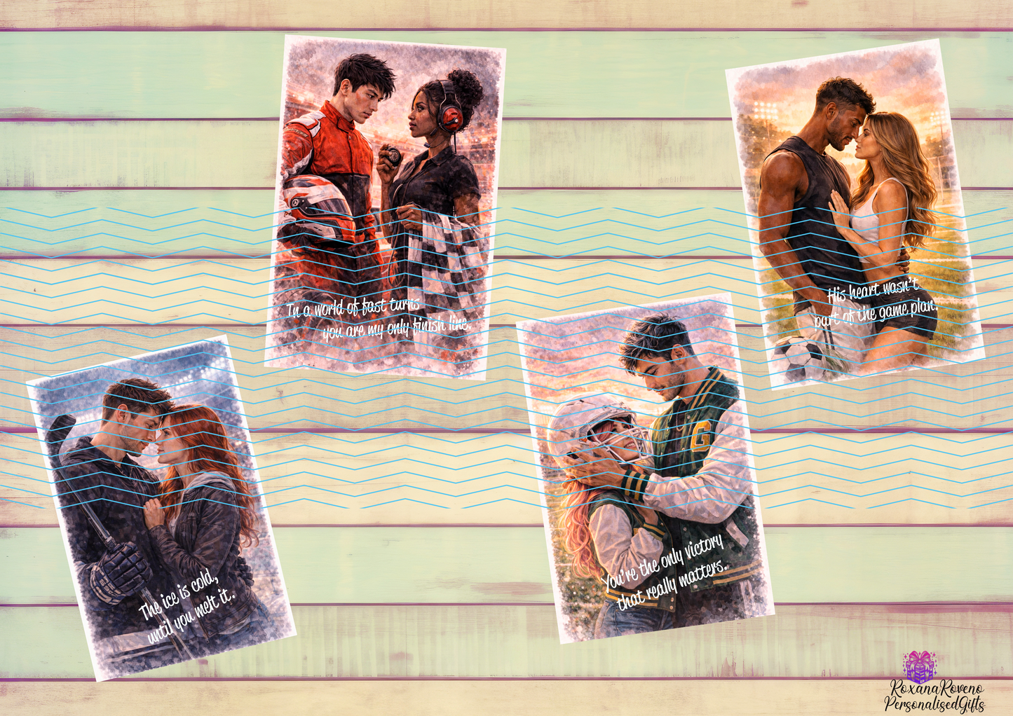 Collage of romantic scenes with text on a wooden background Set of sports romance bookmarks featuring couples inspired by hockey, football and racing love stories in a soft watercolour style designed by roxana roveno