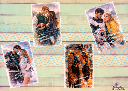 Five photo prints of couples on a wooden surface with a pastel gradient background. sport romance bookmarks designed by roxana roveno