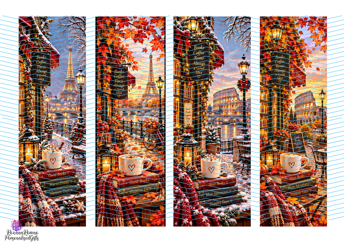 Autumn book lover bookmark set featuring Paris and Rome cosy reading scenes