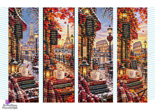Autumn book lover bookmark set featuring Paris and Rome cosy reading scenes
