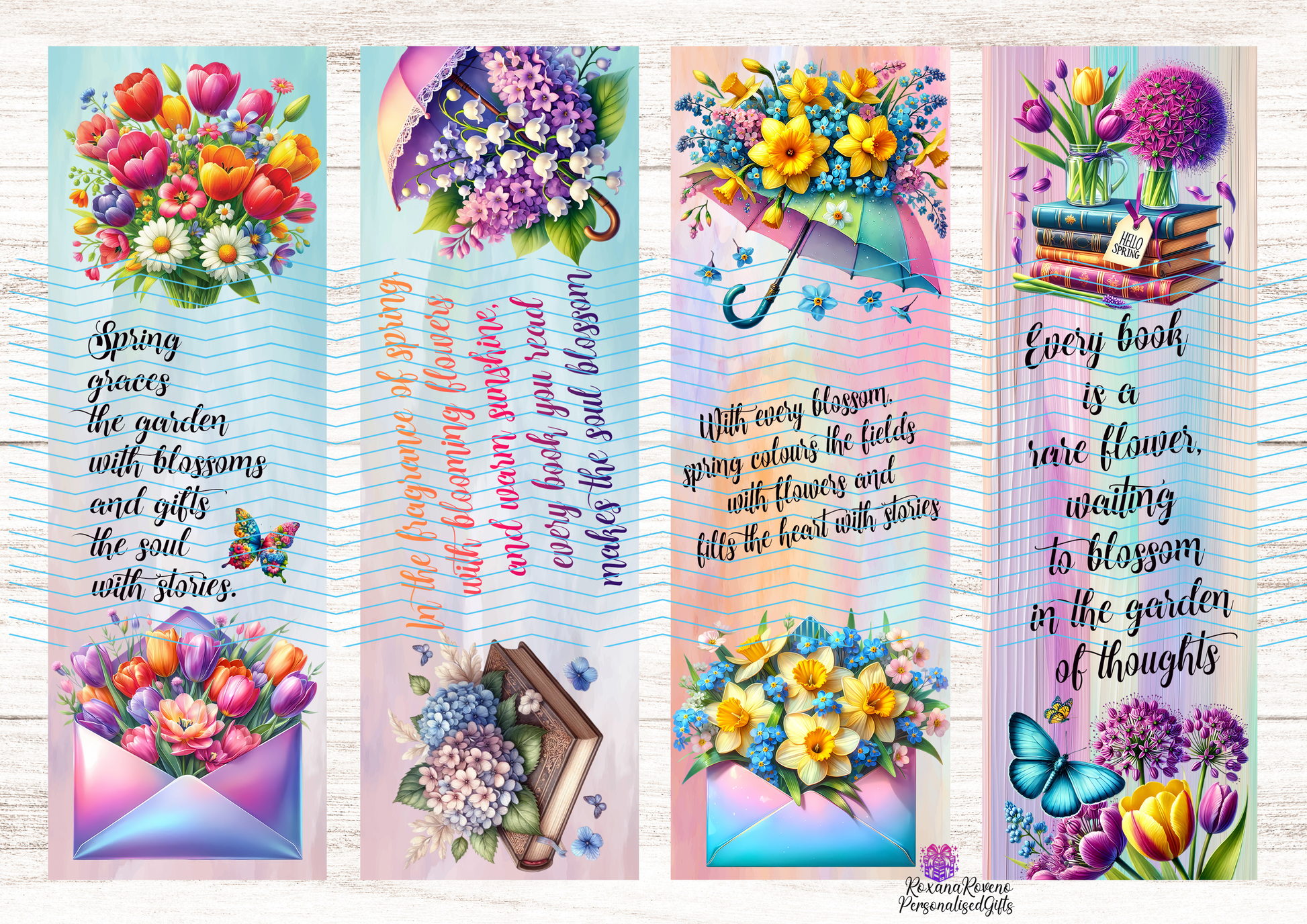 Set of four colorful bookmarks with floral designs and inspirational quotes.