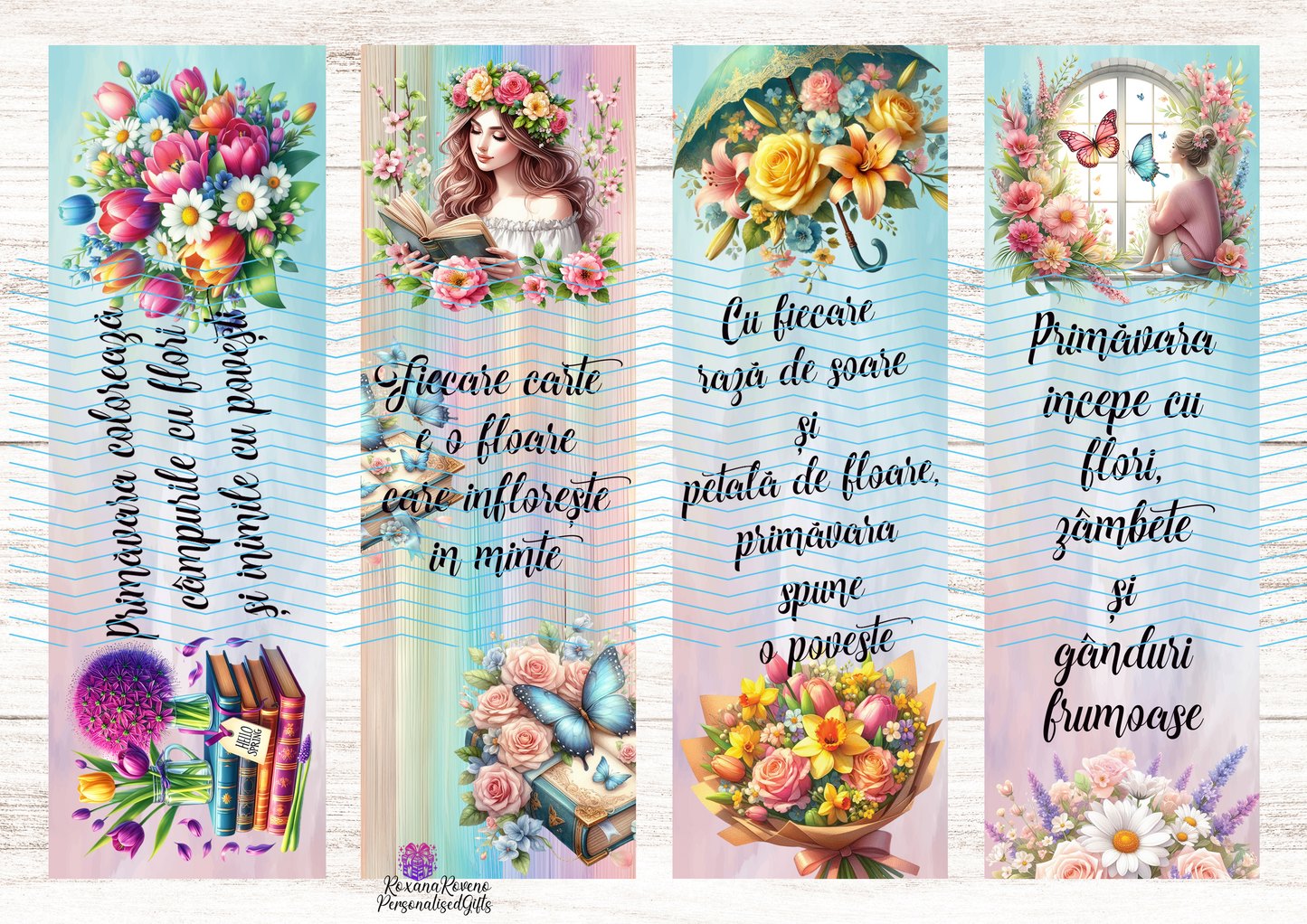 Set of colorful spring-themed bookmarks with floral designs and text.