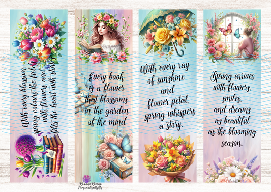 Set of five colorful bookmarks with floral designs and inspirational quotes.